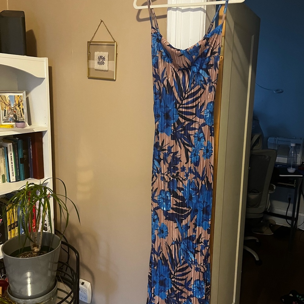 Floral Maxi Dress with Blue and Tan Pattern